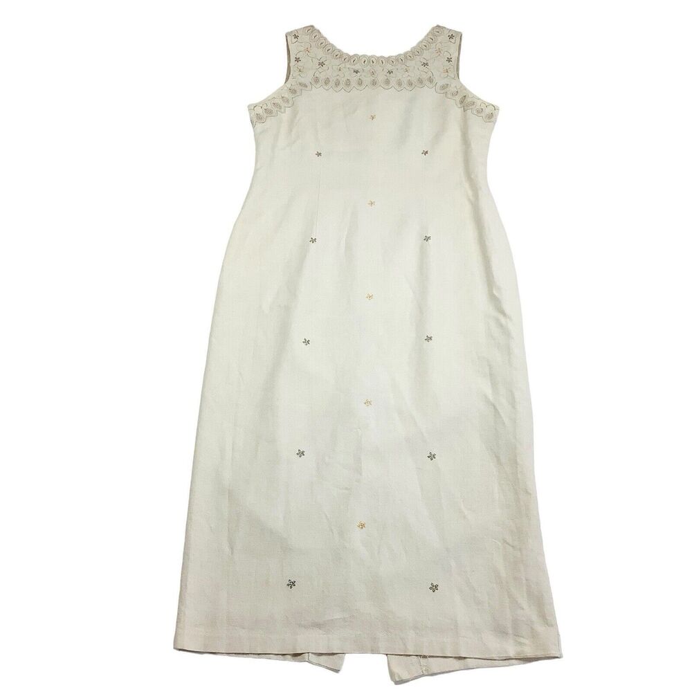Vintage Ultra Dress Linen Blend Embroidered Midi Maxi Long Women's 14 Tan Beige